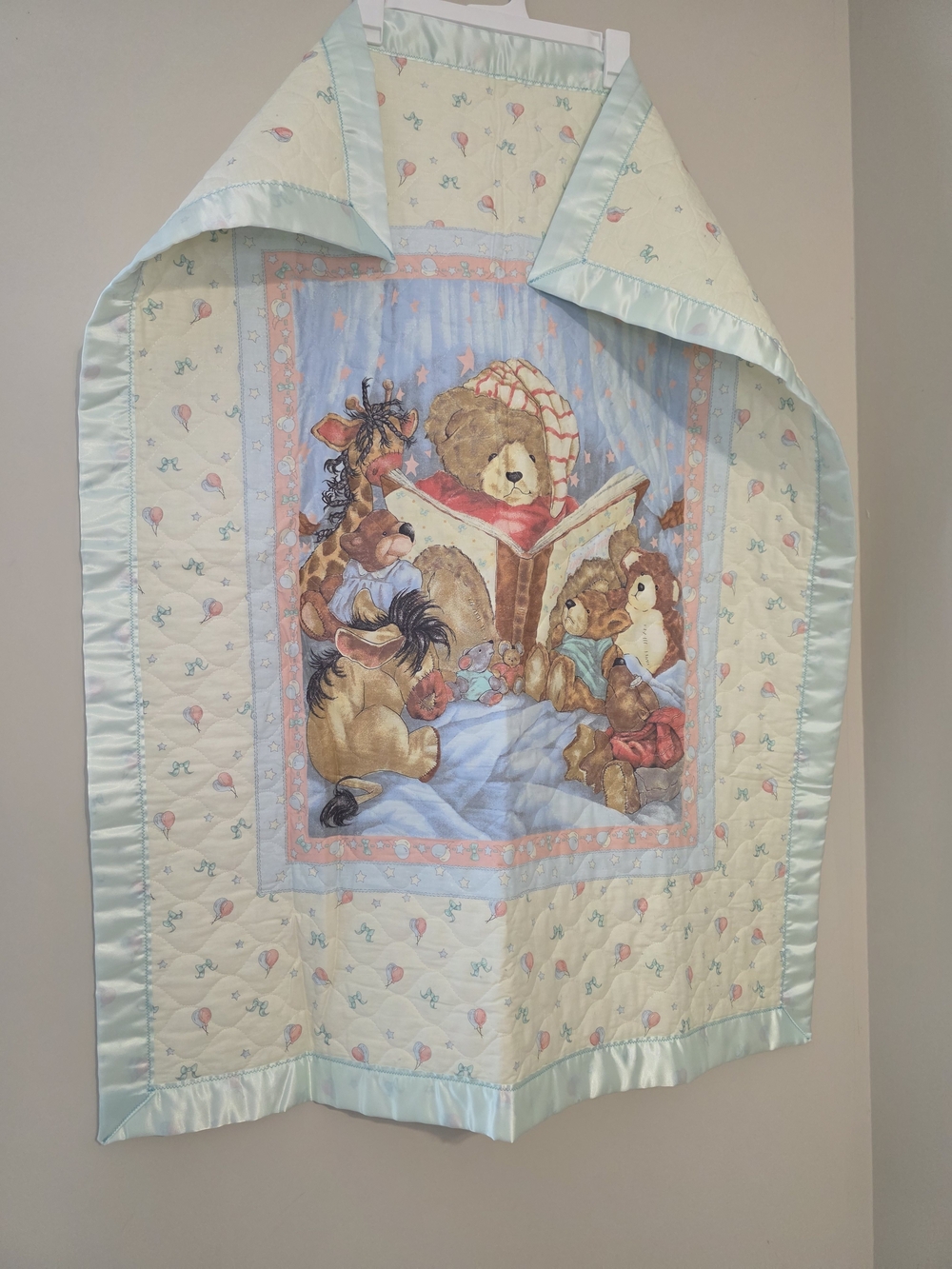 Vintage Cream and Light Blue Teddy Bear Storytime Blanket